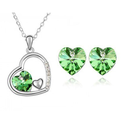 Fashion Jewelry Colorful Peach Heart Crystal Pendant Necklace Earrings Set