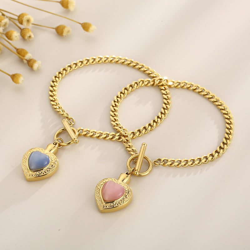 Fashion Heart Shape Stainless Steel Inlay Opal Bracelets Necklace