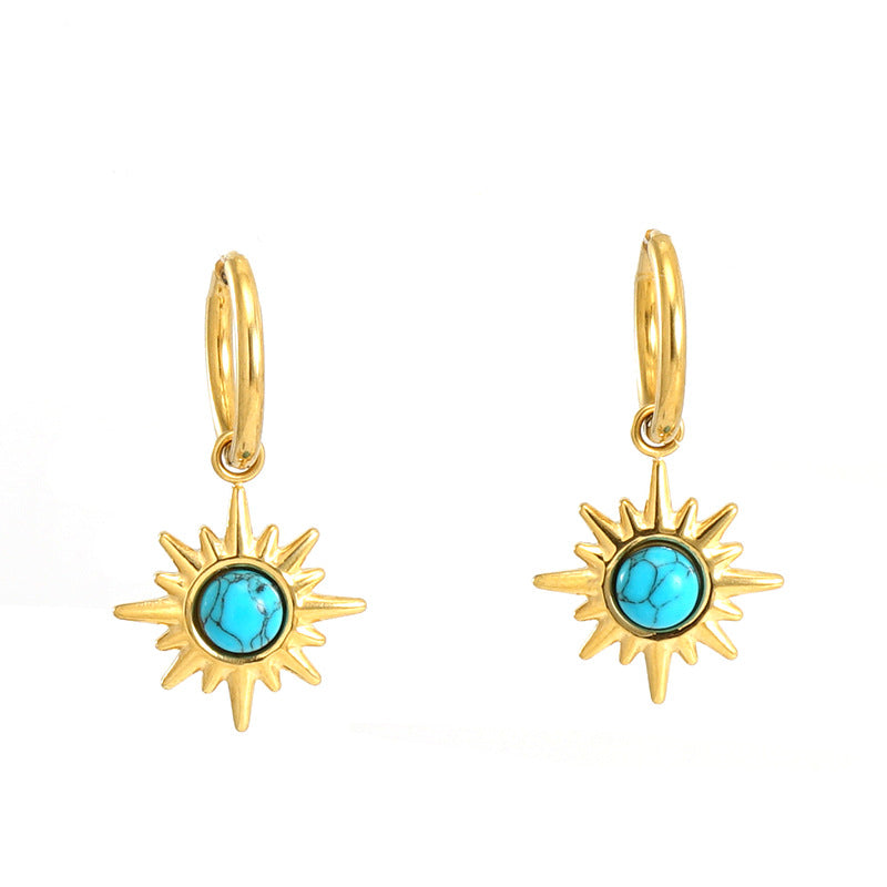 Fashion Sun Stainless Steel Plating Inlay Turquoise Drop Earrings 1 Pair