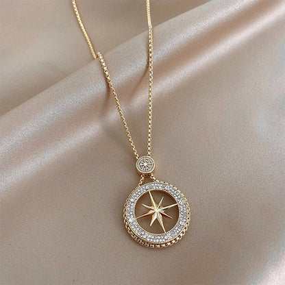 Fashion Round Star Copper Inlay Rhinestones Pendant Necklace