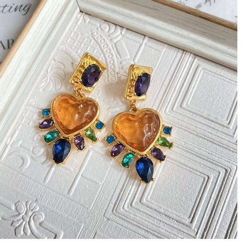 Chinoiserie Heart Shape Mixed Materials Plating Glass Women's Earrings 1 Pair