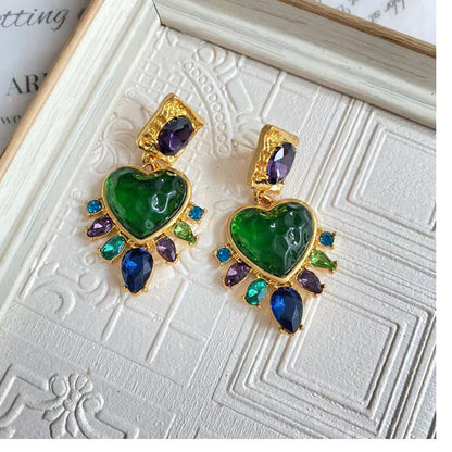 Chinoiserie Heart Shape Mixed Materials Plating Glass Women's Earrings 1 Pair