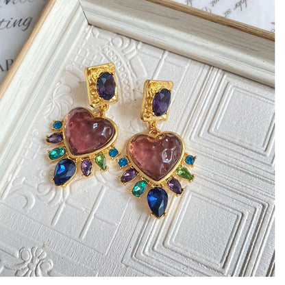 Chinoiserie Heart Shape Mixed Materials Plating Glass Women's Earrings 1 Pair