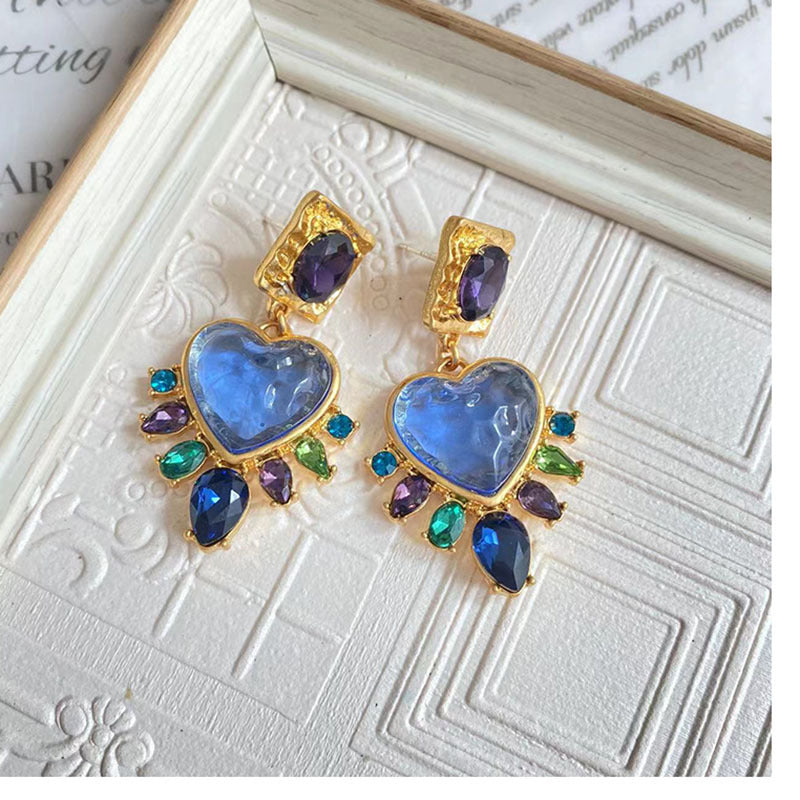 Chinoiserie Heart Shape Mixed Materials Plating Glass Women's Earrings 1 Pair