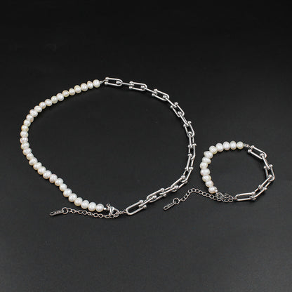 Retro Geometric Stainless Steel Pearl Bracelets Necklace 1 Piece