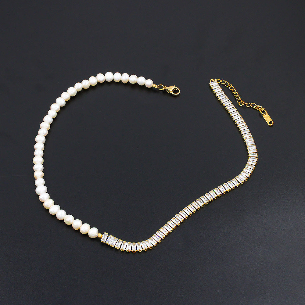 Retro Geometric Pearl Inlaid Zircon Necklace 1 Piece