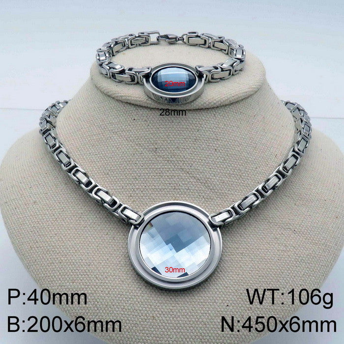 Fashion New Stainless Steel Single-piece Chain Round Multi-color Glass Stone Female Bracelet And Necklace Set