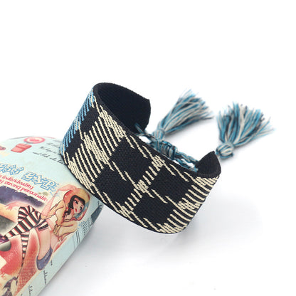 Retro Plaid Polyester Jacquard Tassel Unisex Bracelets