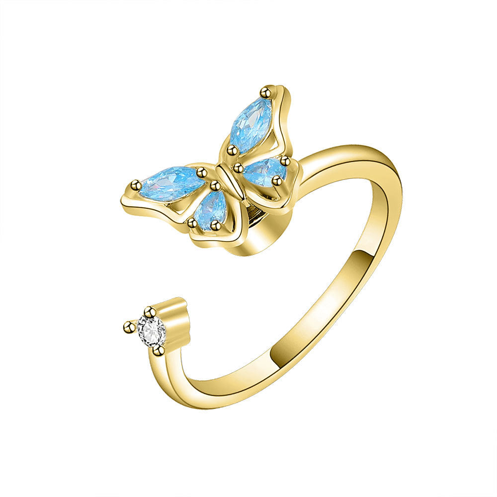 Korean Copper Micro-inlaid Zircon Color Butterfly Rotating Open Ring