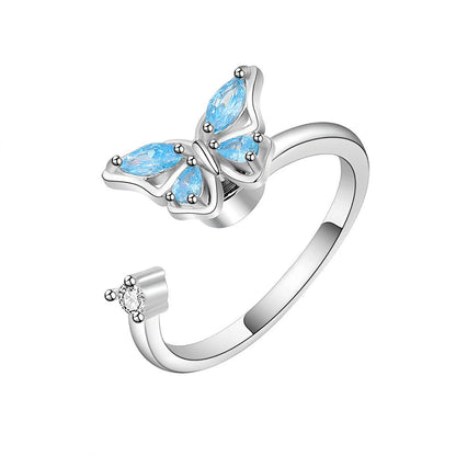 Korean Copper Micro-inlaid Zircon Color Butterfly Rotating Open Ring