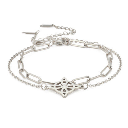 Hot Sale Double-layer Twin Welding With Cross Chain Combination Hollow Four-petal Leaf Small Round Pendant 304 Stainless Steel Bracelet