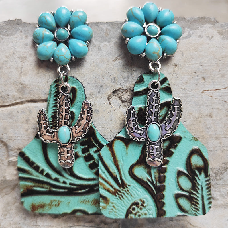 Retro Cactus Flower Pu Leather Alloy Inlay Turquoise Women's Drop Earrings 1 Pair