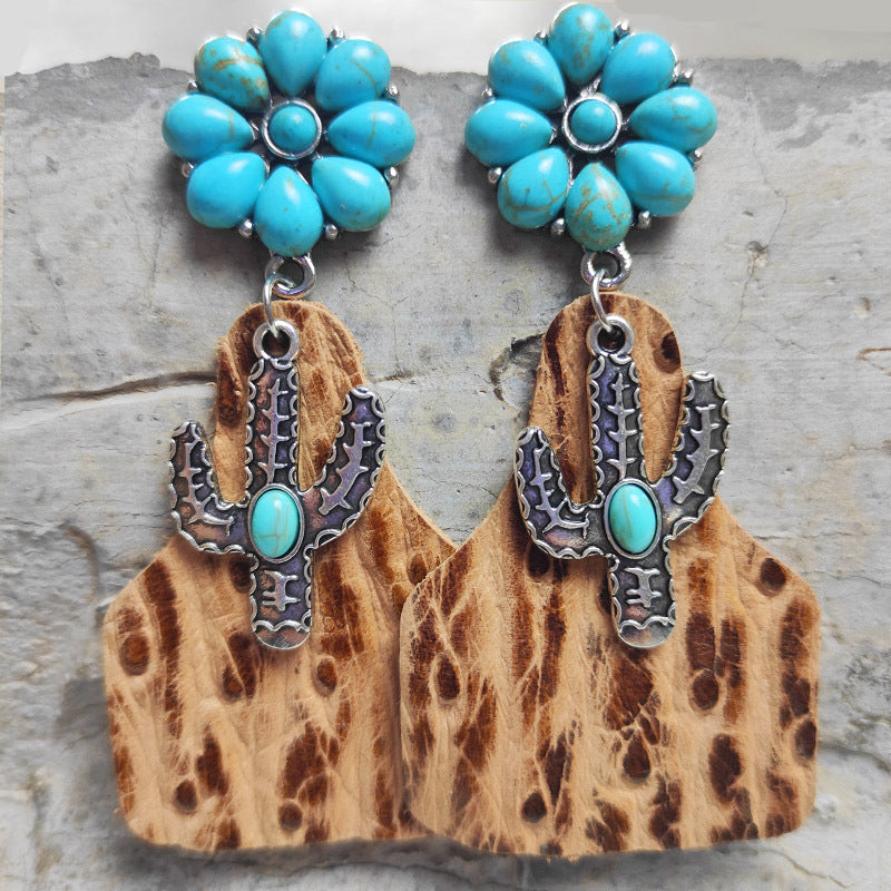 Retro Cactus Flower Pu Leather Alloy Inlay Turquoise Women's Drop Earrings 1 Pair