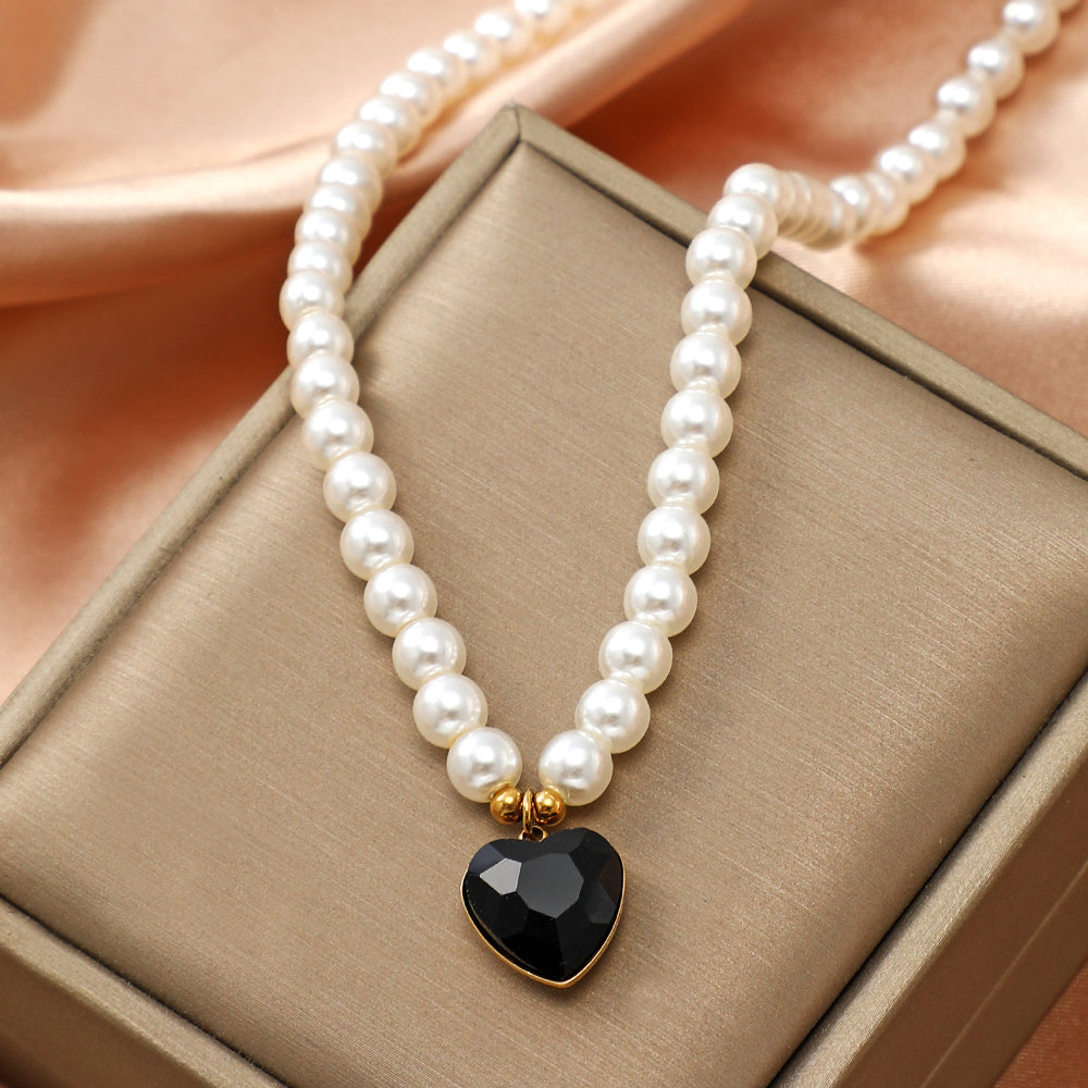 Vintage Style Heart Shape Stainless Steel Arylic Artificial Pearl Beaded Women's Pendant Necklace 1 Piece