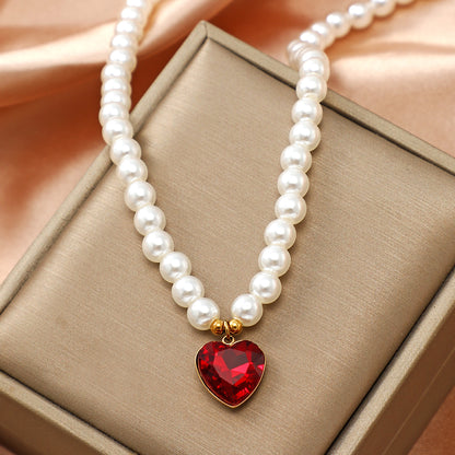 Vintage Style Heart Shape Stainless Steel Arylic Artificial Pearl Beaded Women's Pendant Necklace 1 Piece