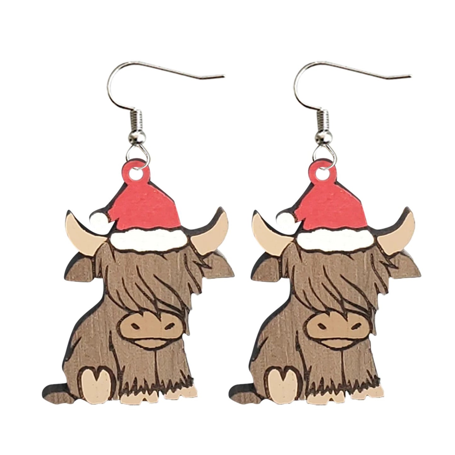 Retro Christmas Hat Cattle Wood Printing Christmas Women's Earrings 1 Pair