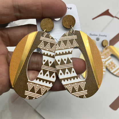 Ethnic Style Color Block Oval Wood Hollow Out Women's Drop Earrings 1 Pair