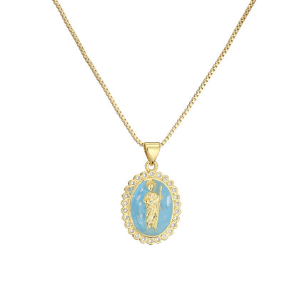 Retro Virgin Mary Oval Copper Inlay Zircon Pendant Necklace 1 Piece