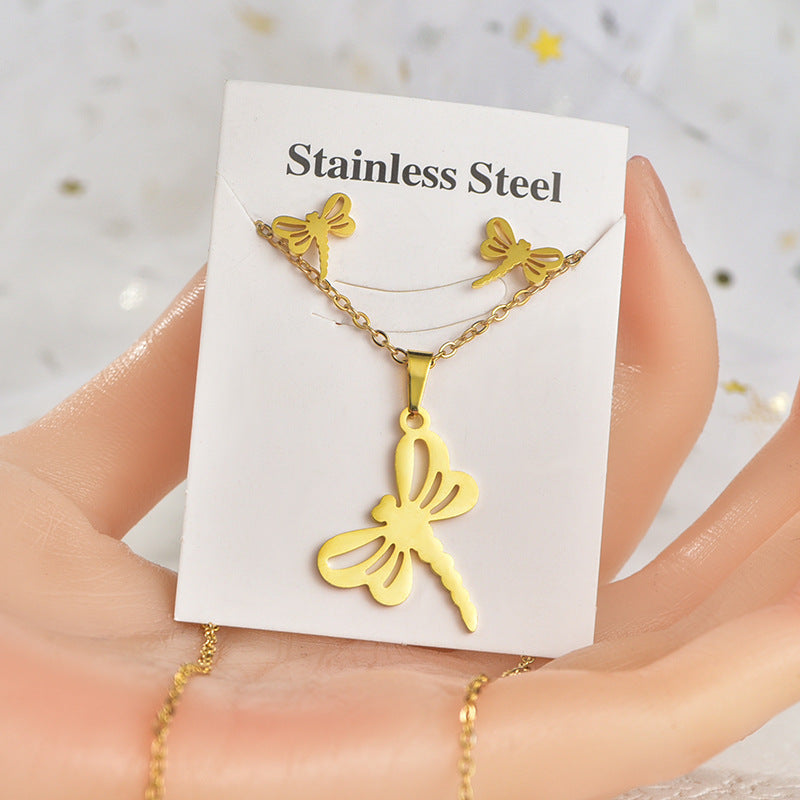 Fashion Heart Shape Unicorn Dragonfly Stainless Steel Alloy Plating Women's Earrings Necklace 1 Set