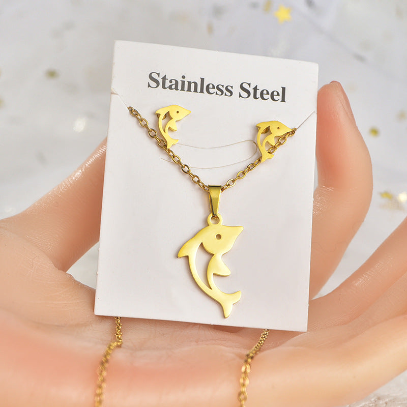 Fashion Heart Shape Unicorn Dragonfly Stainless Steel Alloy Plating Women's Earrings Necklace 1 Set