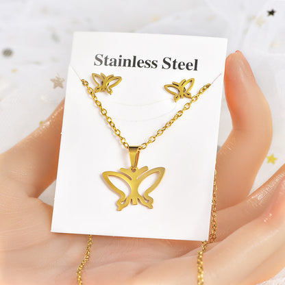 Fashion Star Heart Shape Crown Stainless Steel Inlaid Gold Women's Earrings Necklace 1 Set