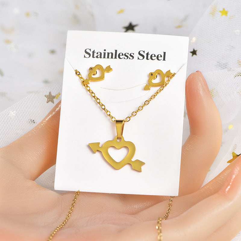 Fashion Star Heart Shape Crown Stainless Steel Inlaid Gold Women's Earrings Necklace 1 Set