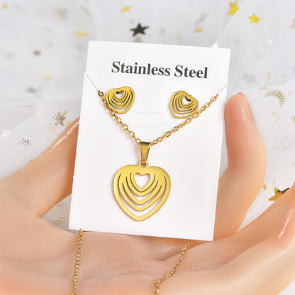 Fashion Star Heart Shape Crown Stainless Steel Inlaid Gold Women's Earrings Necklace 1 Set