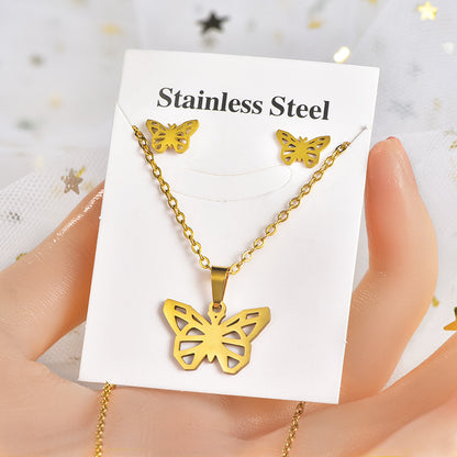 Fashion Star Heart Shape Crown Stainless Steel Inlaid Gold Women's Earrings Necklace 1 Set