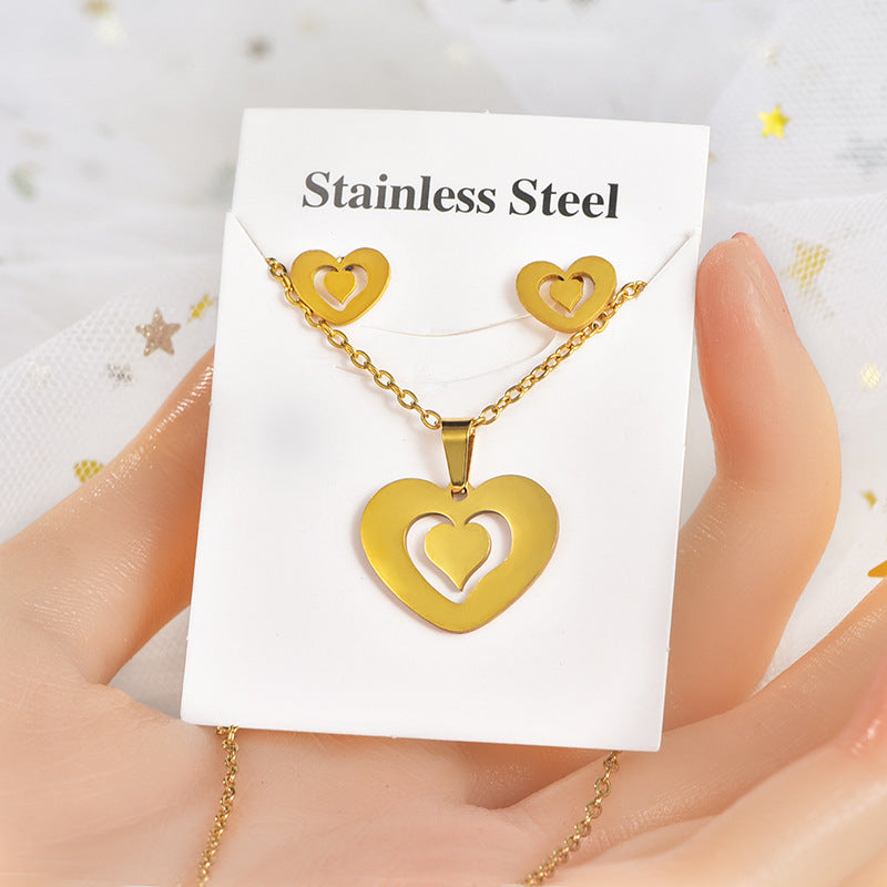 Fashion Star Heart Shape Crown Stainless Steel Inlaid Gold Women's Earrings Necklace 1 Set