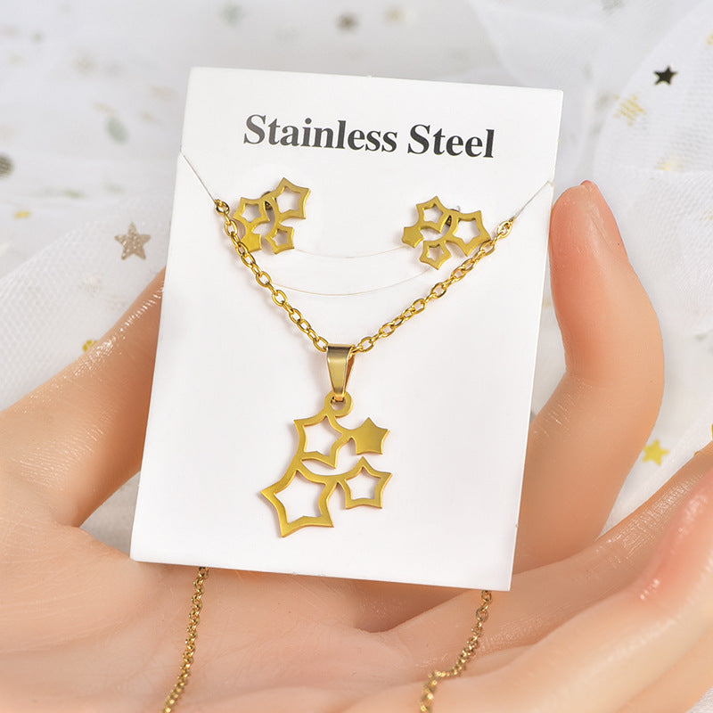 Fashion Star Heart Shape Crown Stainless Steel Inlaid Gold Women's Earrings Necklace 1 Set