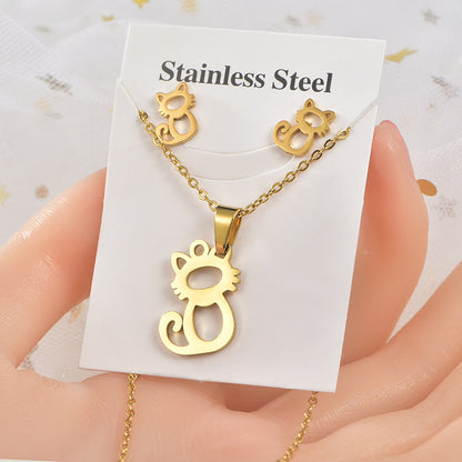 Simple Style Heart Shape Owl Butterfly Titanium Steel Women's Earrings Necklace 1 Set