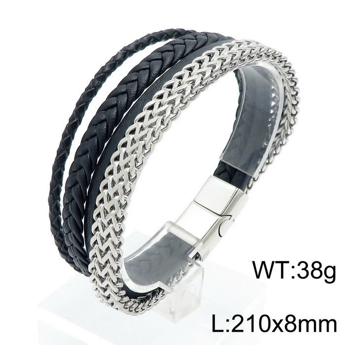 Hip-hop Geometric Stainless Steel Leather Braid Bangle