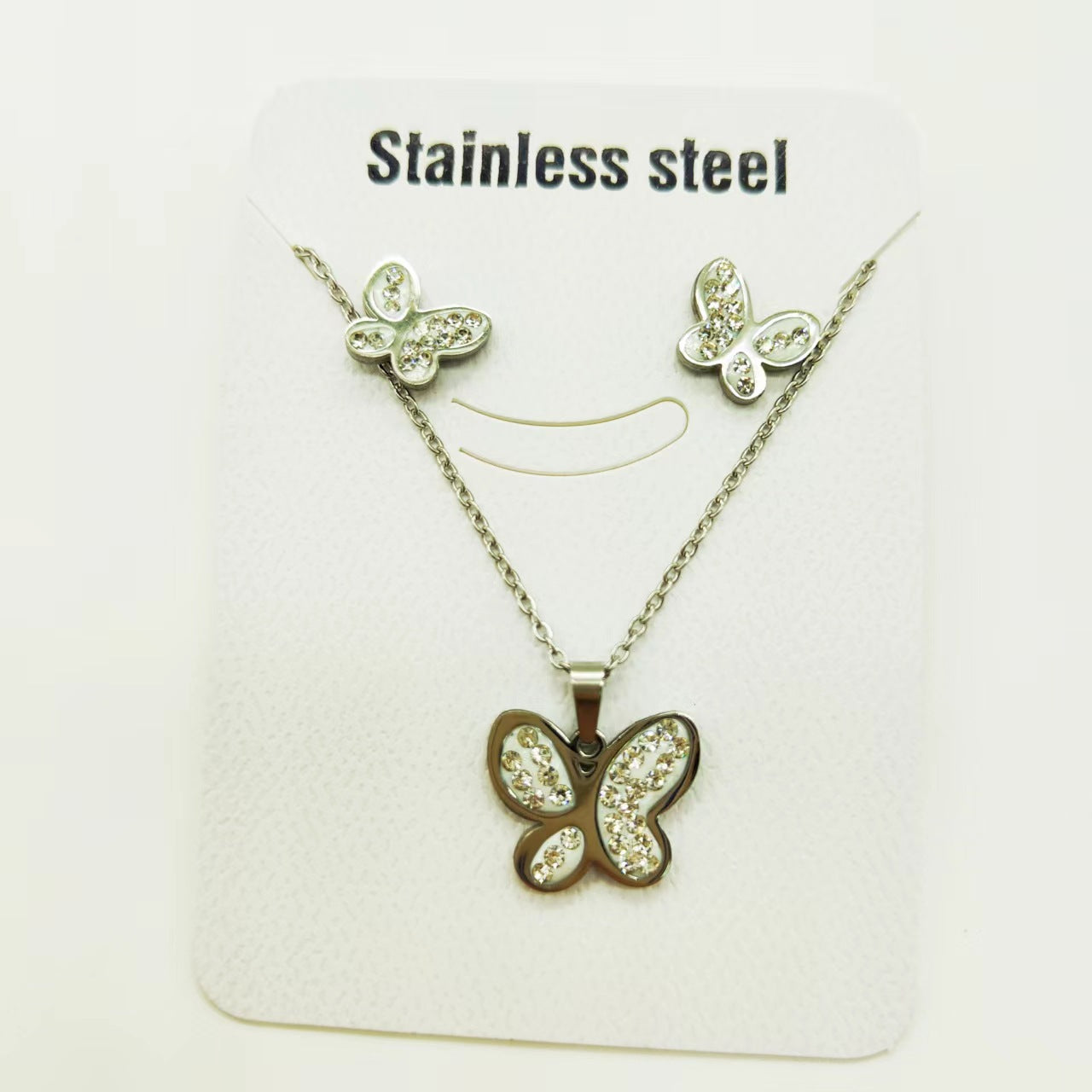 Fashion Star Heart Shape Butterfly Titanium Steel Inlay Rhinestones Women's Earrings Necklace 1 Set