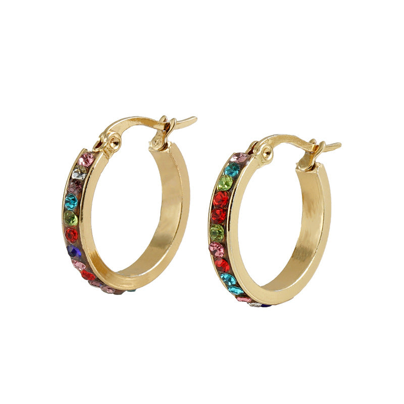 1 Pair Lady Geometric Inlay Titanium Steel Rhinestones 18k Gold Plated Hoop Earrings