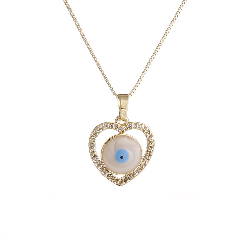 Ig Style Simple Style Cross Devil's Eye Heart Shape Copper Plating Inlay Shell Zircon Gold Plated Pendant Necklace