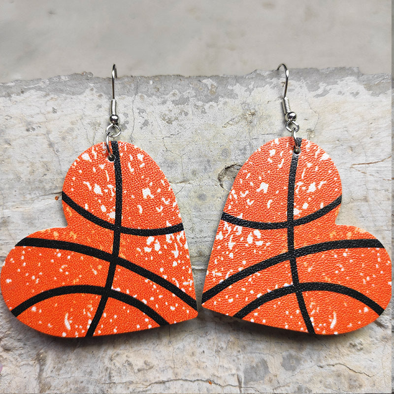 1 Pair Retro Heart Shape Basketball Football Pu Leather Earrings