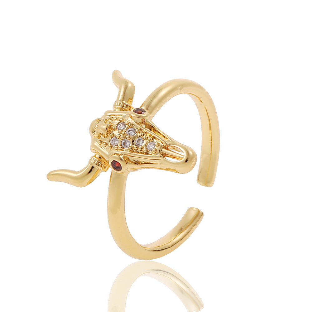 Fashion Bull Head Copper Gold Plated Zircon Open Ring