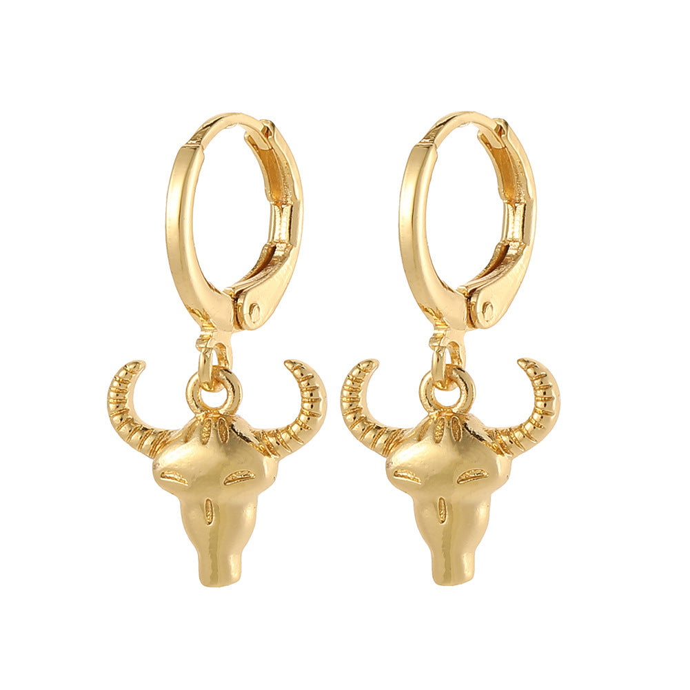 Hip-hop Bull Head Copper Gold Plated Earrings 1 Pair