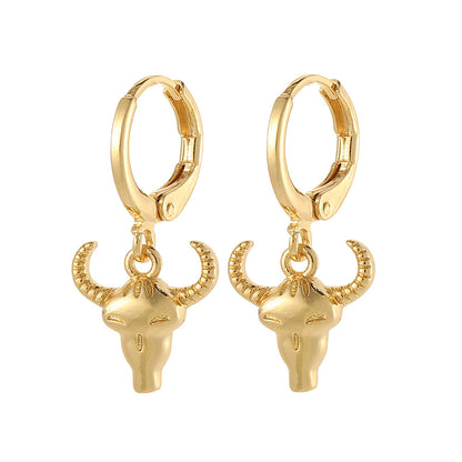 Hip-hop Bull Head Copper Gold Plated Earrings 1 Pair