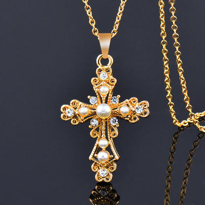 Simple Style Cross Titanium Steel Gold Plated Inlay Rhinestones Pearl Pendant Necklace 1 Piece