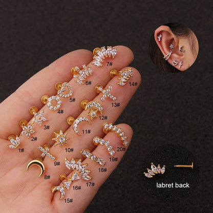 Fashion Crown Flower Stainless Steel Copper Inlay Zircon Lip Stud 1 Piece