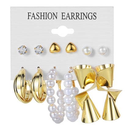 Retro Round Alloy Plating Artificial Pearls Women's Earrings Ear Studs 6-piece Set