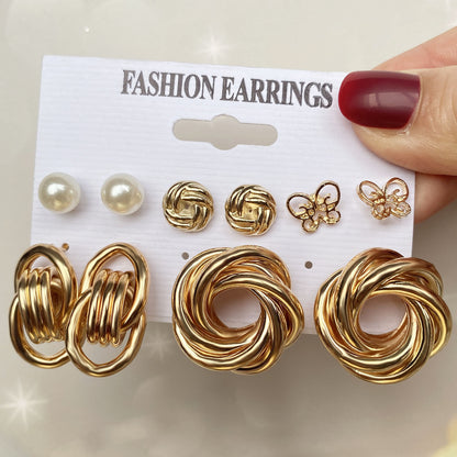 Retro Bow Knot Alloy Gold Plated Artificial Pearls Women's Earrings Ear Studs 6-piece Set