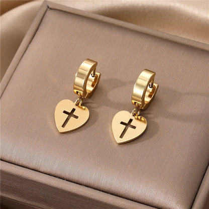 Elegant Cross Heart Shape Stainless Steel Enamel Dangling Earrings 1 Pair