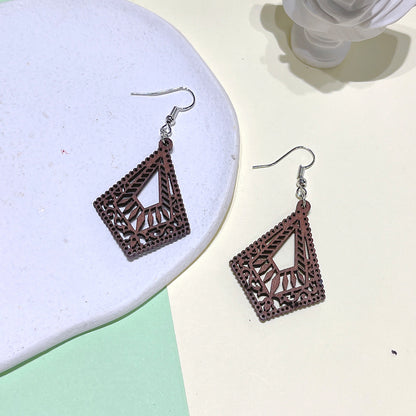 Fashion Rhombus Wood Carving Women's Drop Earrings 1 Pair