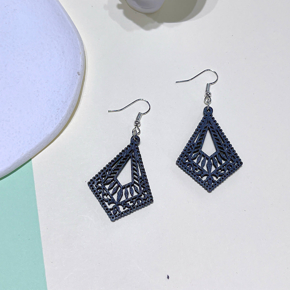 Fashion Rhombus Wood Carving Women's Drop Earrings 1 Pair