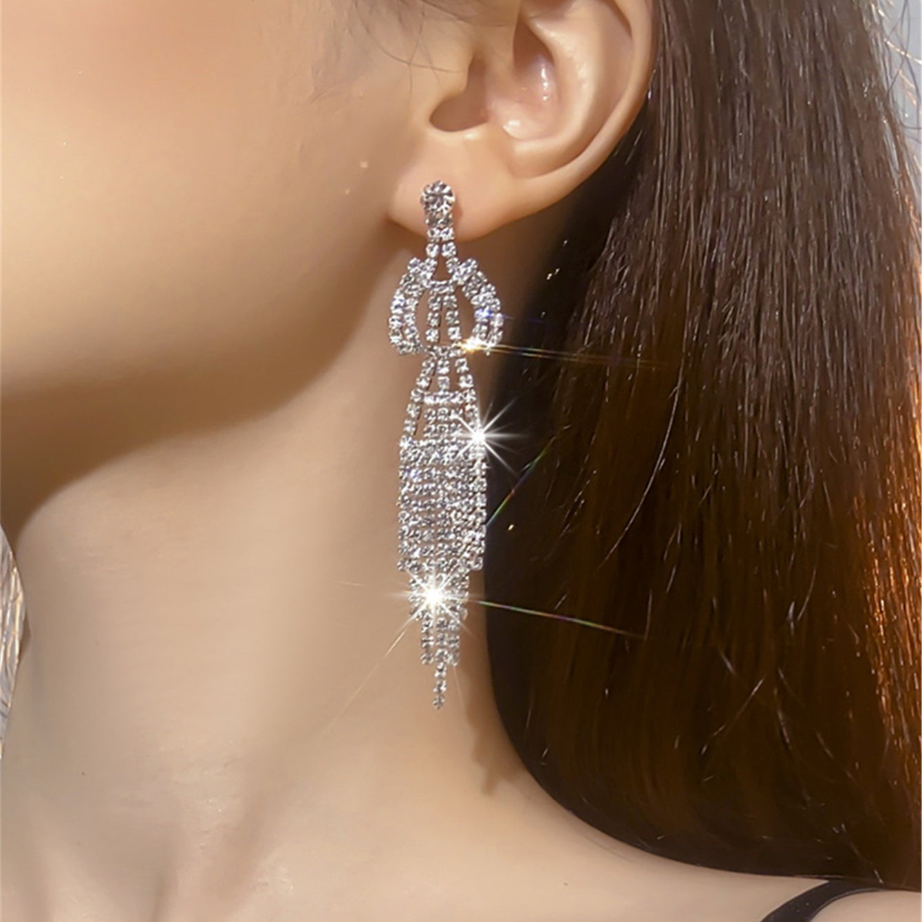 1 Pair Exaggerated Geometric Tassel Rhinestone Drop Earrings