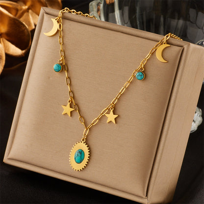 Vintage Style Simple Style Pentagram Moon Oval Titanium Steel Plating Inlay Turquoise 18k Gold Plated Pendant Necklace