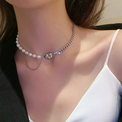 Fashion Heart Shape Stainless Steel Alloy Inlay Artificial Pearls Zircon Women's Pendant Necklace 1 Piece