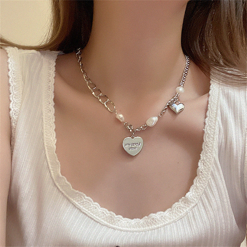 Fashion Heart Shape Stainless Steel Alloy Inlay Artificial Pearls Zircon Women's Pendant Necklace 1 Piece